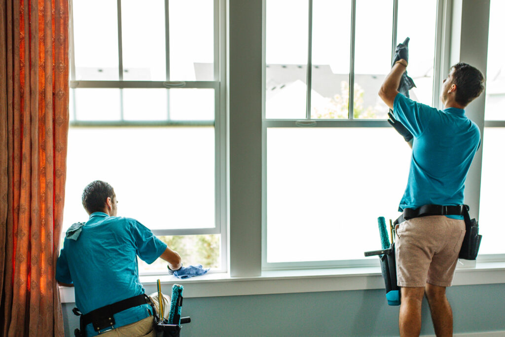 Two professional technicians performing interior window cleaning using towels and scrubbers in a residential home.